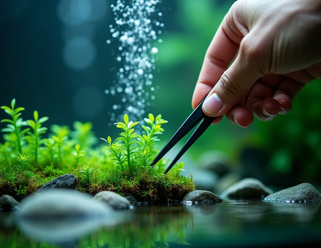 Hands using aquascaping tweezers to plant carpet plants in aquascape