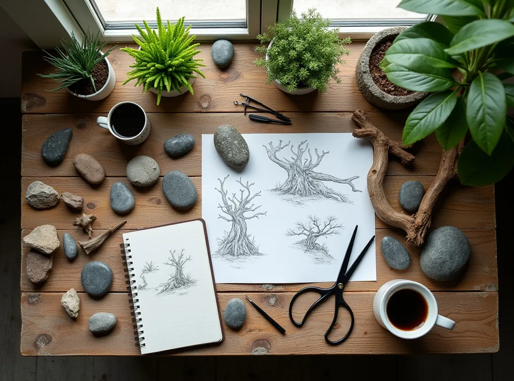 Aquascaping workspace with scattered Seiryu stones and manzanita driftwood